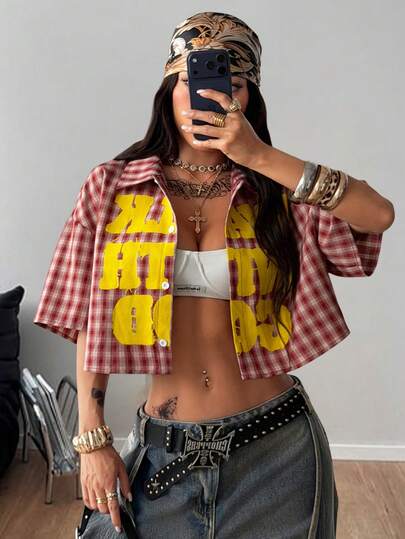 Coolane Women's Summer Going Out Casual Vintage Preppy Crop Plaid Loose Crop Graphic Tops Red Shirt