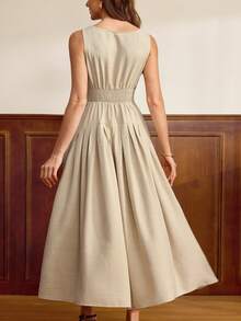 Vintamour 复古优雅女士连衣裙，带口袋，褶裥腰身，休闲通勤度假长裙，夏季连衣裙，女士夏季服装，春季服装，春季女装，春季连衣裙，复活节连衣裙，节日连衣裙，节日女装，优雅派对连衣裙，优雅派对连衣裙，婚礼宾客连衣裙，毕业礼服，优雅连衣裙，休闲长裙，高贵连衣裙，优雅经典连衣裙，女士正装连衣裙 - 杏色 - 查看 6