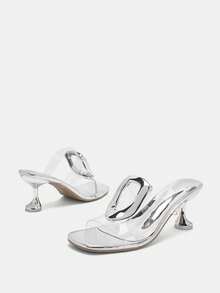 Glitzique Women's Transparent Upper, Silver Kitten Heel High Heels, Silver Metal Buckle Decor Shiny Kitten Heel High Heel Sandals, High Heels/Sexy Party Fashion Elegant Style, Western Wedding Fairy Wedding ABS Plastic (ABS Resin) Rhinestone Mother's Day Lightweight Daily Commute Nightclub Wedding Party Dress Outfit Office Outdoor All Season Slippers,Spring Summer Outfits - Silver - View 8