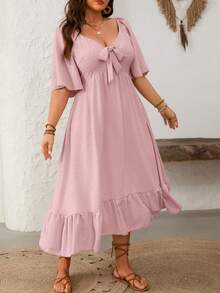 Breezaya Plus Size Cutout Flare Hem Short Sleeve Dress - Pink - View 5