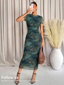 SHEIN Clasi 女士时尚印花针织修身短袖连衣裙，波西米亚风格，适合春夏穿着 - 彩色 - 查看 6