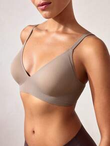 Veilyse Women's Solid Color Spaghetti Strap Minimalist Seamless Bra, Casual Everyday Wearfor Summerfor Summer - Coffee Brown - View 8