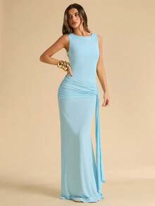 SHEIN BAE Đầm chữ A không tay, hở lưng, dây rút màu xanh dương dành cho nữ, thích hợp cho mùa xuân/hè. - Màu xanh lam - Xem 3