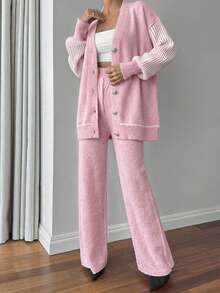 EURMUSE Casual Colorblock Striped Cardigan And Knit Pants Set, Autumn/Spring - Baby Pink - View 1