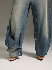 Denimoi Quần jeans ống rộng đáy thụng, có cúc cài, kiểu dáng thời trang, cá tính, phong cách đường phố. - Rửa trung bình - Xem 1