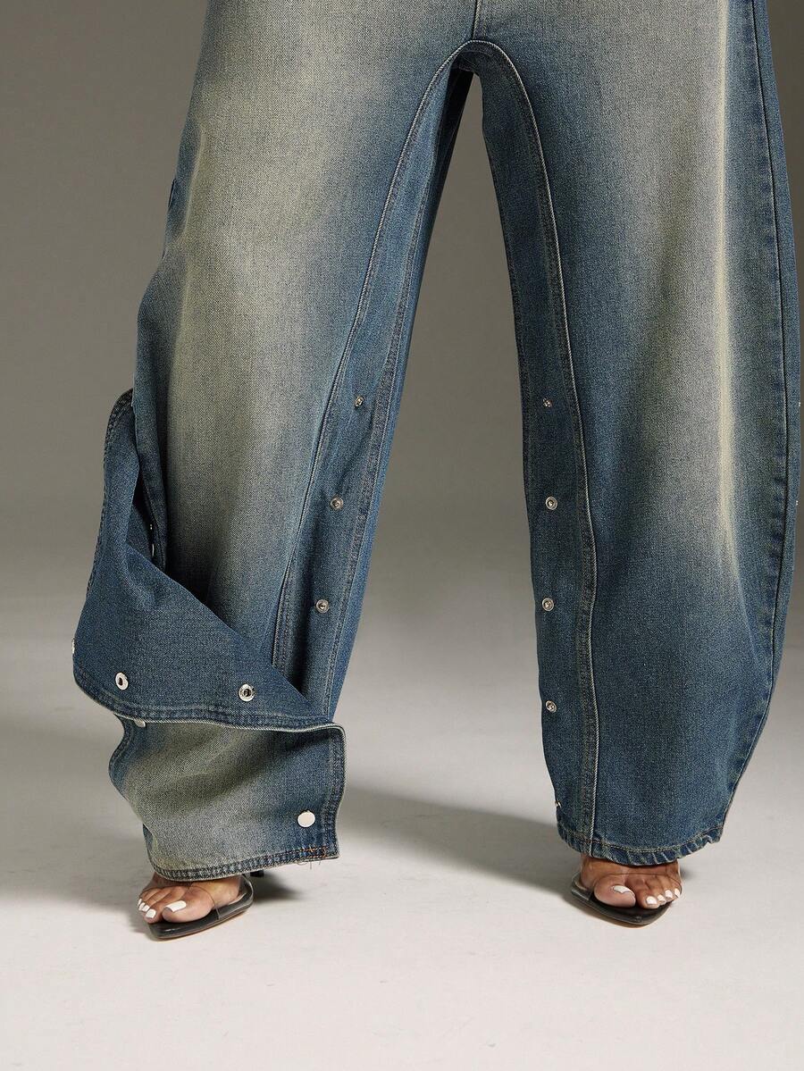 Denimoi Quần jeans ống rộng đáy thụng, có cúc cài, kiểu dáng thời trang, cá tính, phong cách đường phố. - Rửa trung bình - Xem 1