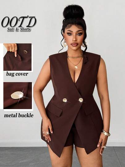 Maweii Conjunto de 2 piezas de talla grande para mujer con chaqueta básica de diseño versátil y elegante y shorts sin mangas, de tela elástica de punto sólido con cuello cruzado en V, decoración de botón metálico, hombros acolchados y cintura elástica, ideal para citas románticas, fiestas casuales y días festivos.