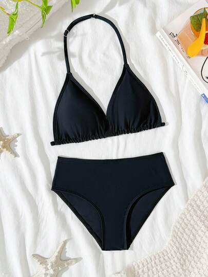 SHEIN Tween Girls Bikini Sets, Black Knit Fabric Triangle Halter Neck Swimsuit Two-Piece Suit, Fashionable Casual Elegant Suitable For Swimming, Beach, Holiday Black Bikini Set Two Pieces Swimsuit Halter Bikini Top High Waist Bikini Bottom Women's Swimwear Bathing Suits 2 Pieces Swimsuit
