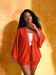 Slaydiva 2pcs/Set Plus Size Women's Music Festival Tie Front Long Sleeve Top And Shorts,Red And White,Autumn,Smart Casual,Vacation Orange Kimonos Yacht Outfit - Orange - View 9
