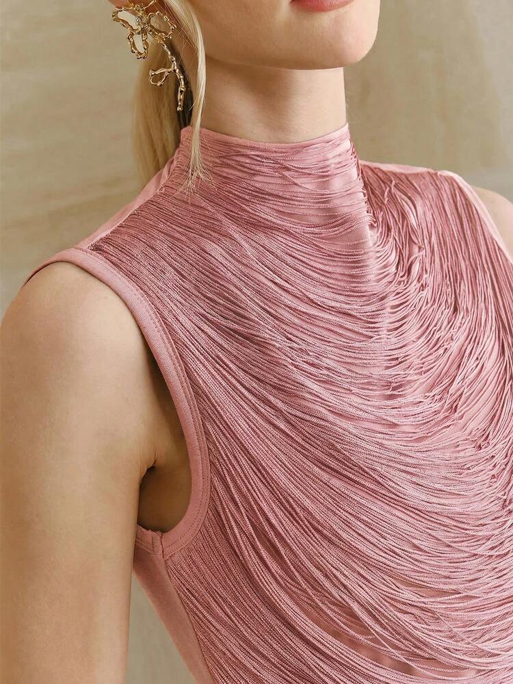 モダンレトロ ピンク ハイエンド ノースリーブ タートルネック フリンジ スプライス ベストトップ レディース