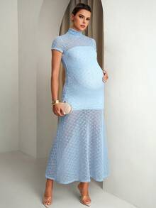 MaterniChic Đầm bầu cổ cao tay ngắn ôm dáng thanh lịch - Màu xanh lam - Xem 4