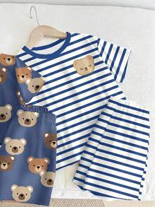 Bộ 2 món hình gấu bông, gấu nâu, sọc, thoáng khí, mát mẻ, mềm mại, êm ái cho bé trai, đồ ngủ rộng rãi thoải mái, phù hợp cho mùa hè. Bộ đồ ngủ mùa hè cho bé trai, bộ đồ ngủ hình gấu cho bé trai. - trắng - Xem 4