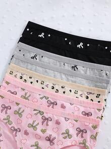 7pcs Girls' Heart, Star, Line Print Cartoon Cute Fashionable Briefs For Older Tween Girl - Multicolor - View 3