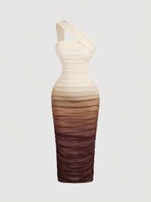 SHEIN MOD Ombre Ruched Bodycon Mid-Length One Shoulder Mesh Dress, Occasion Outfit For Ladies Elegant Ideas, Summer Dresses Women - Multicolor - View 5