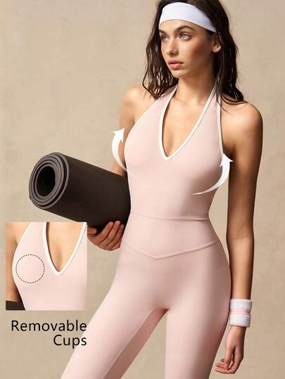 VARSIVA Street Casual Chic. Pink Deep V-Neck Women's Sporty Jumpsuit With Flared Legs, Backless Color-Blocked Sporty Jumpsuit. Suitable For Fitness Activities, Pilates, Yoga, Running, And Everyday Wear. Perfect For Spring, Summer, Autumn, And Winter.