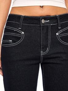 ROMWE Grunge Punk Y2K Vintage Ultra Low Waist Skinny Dark Wash Flare 7/8 Jeans - Blue - View 4