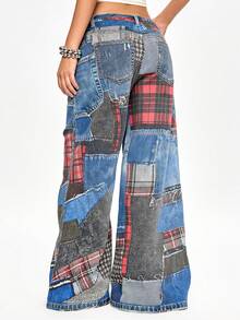 ROMWE 新款春秋季女式拼接印花破洞喇叭牛仔裤，时尚喇叭裤 - 彩色 - 查看 3