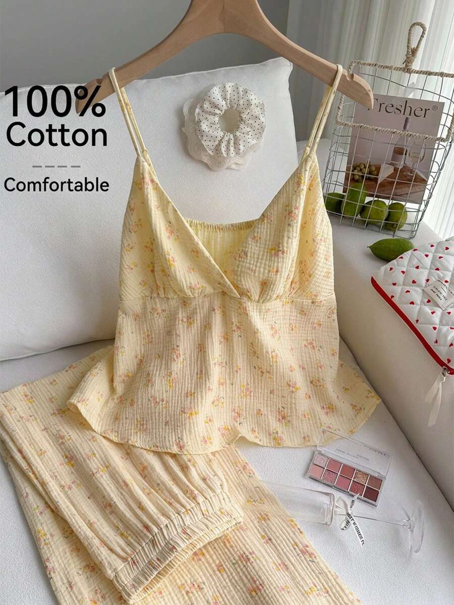 Comfortcana Yellow Contrast Ditsy Floral V-Neck Ruffle Trim Camisole And Shorts Casual Plus Size 2 Piece Set, Spring/Summer - Yellow - View 1