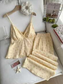 Comfortcana Yellow Contrast Ditsy Floral V-Neck Ruffle Trim Camisole And Shorts Casual Plus Size 2 Piece Set, Spring/Summer - Yellow - View 8