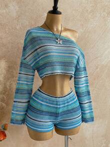 Soleia Bộ đồ 2 món dành cho nữ đi nghỉ mát biển, gồm áo crop top và quần short kẻ sọc cổ lệch. - Màu xanh lam - Xem 4