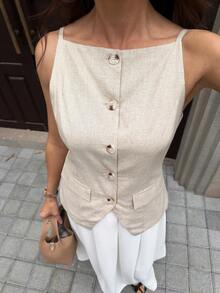 SHEIN Clasi 女款優雅淺米色亞麻無袖襯衫，夏季度假早午餐背心，義式舒適兩件式休閒穿搭 - 杏色 - 查看 7