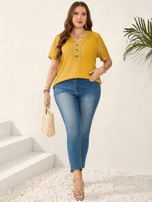 EMERY ROSE Plus Size Women's Mustard Yellow Summer Casual T-Shirt,Lace Patchwork V-Neck Short Sleeve Tops,Modest Vacation Holiday Outfits,Tea Party Blouses - Yellow - View 5