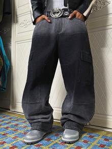 PAVTROS 男士街头时尚休闲多口袋拼接褶裥阔腿黑色牛仔裤 - 黑色 - 查看 8