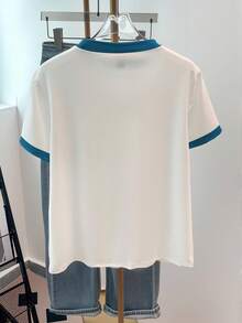 Resyla 女士圆领水钻仿珍珠爱心图案休闲日常短袖T恤 - 白色 - 查看 2