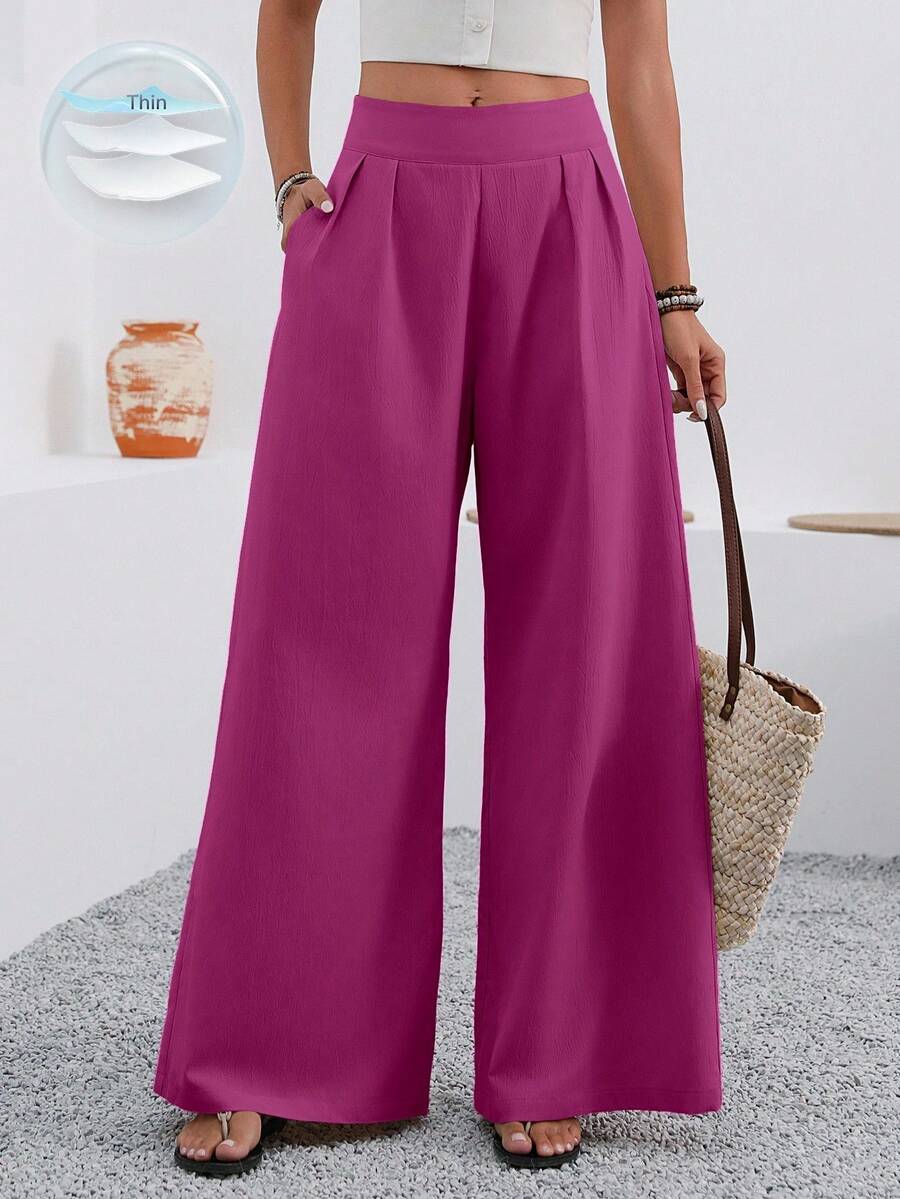 EMERY ROSE Women's Solid Color Pleated Pocket Wide Leg Loose Casual Pants - Red Violet - View 1