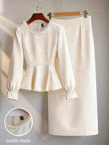 GlowEve 女士优雅珍珠纯色套装，适合春、秋、冬三季穿着。 - 杏色 - 查看 3