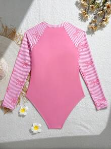 SHEIN Teen GirlGirls One-Piece Fashionable Swimsuit With Black Bow, Beach Party Swimming Costume Bathing Suits For Teens Modest Modest Swim Suits Swimming Suits For Teens Zipper Swimsuit Long Sleeve Swimsuit Womens Swimwear Swimming Suit For Girls Adult Pink Swimsuit One Piece Bathing Suit One Piece Swimsuit For Teens Long Sleeve Swimsuit For Girls Womens Swimwear Long Sleeve Womens Summer Outfits - Pink - View 2