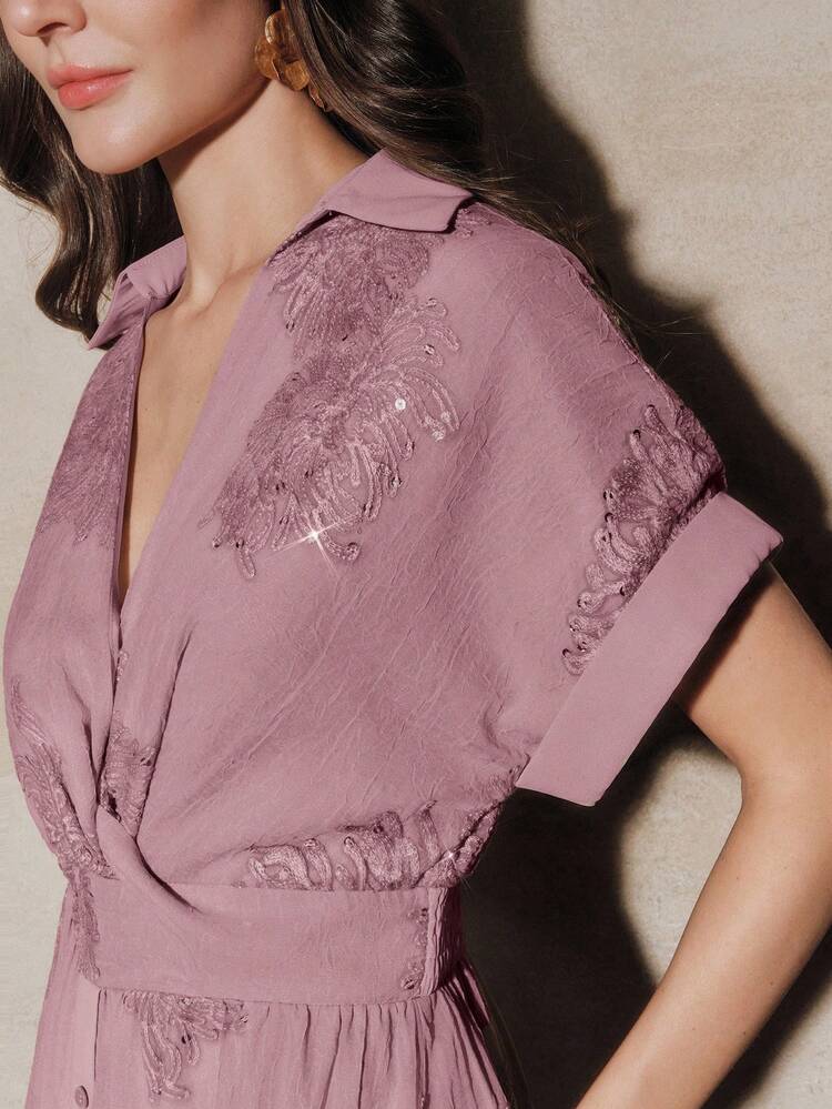 Beige Summer New Arrival Elegant V-Neck Embroidered Cinched Waist Long Shirt Dress