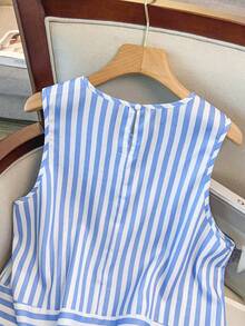 GlowEve CURVE Women's Summer 2-Piece Set, White Striped Linen-Like Fabric, Casual Vacation, Daily Leisure Smart Casual Minimalist Beach Formal Loose Cooling Set - Blue and White - View 5
