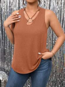 EMERY ROSE Plus Size Women Black Solid Color Round Neck Top, Criss-Cross Hollow Out Sleeveless Camisole - Bronze - View 3