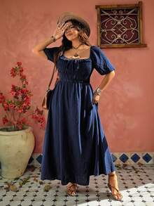 Ceyna Navy Blue Plus Size Boho Off Shoulder Summer Dress For Women,Shirred Square Neck Half Puff Sleeve A Line Flared Hem Holiday Vacation Picnic - Blue - View 9