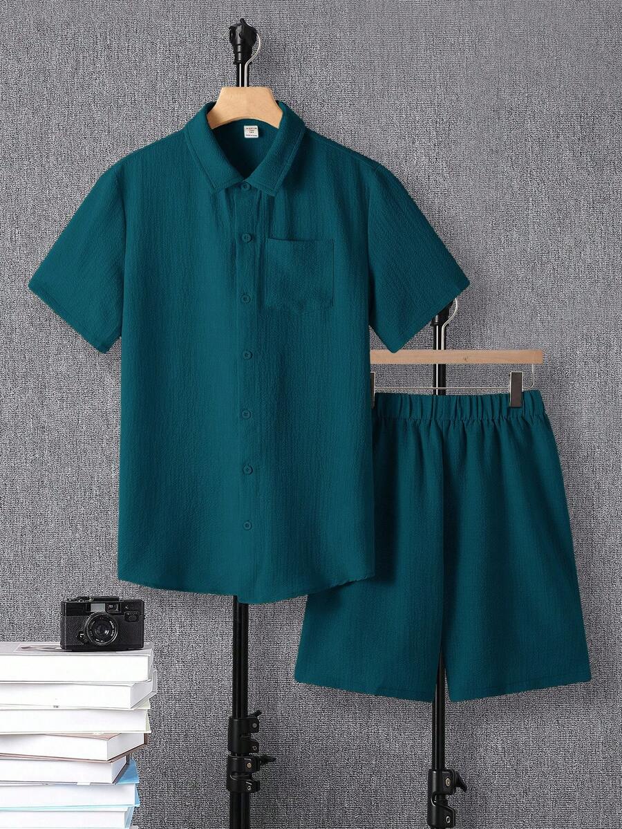 两件套青少年男童休闲舒适针织短袖衬衫和短裤套装，春季服装 - 墨綠色 - 查看 1
