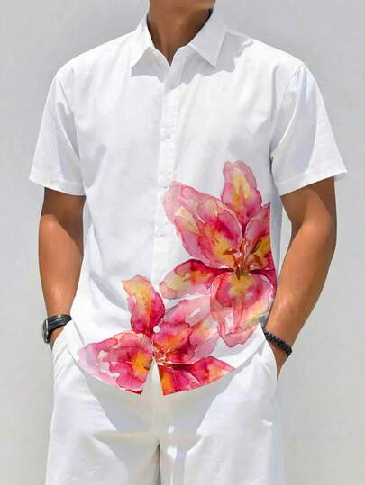 Manfinity EMRG Men's Summer Spring Casual White Pink Yellow Watercolor Floral Flower Lily Orchid Hibiscus Tropical Botanical Plant Nature Art Painting Graphic Print Button Down Shirt Vintage Streetwear Boho Western Vacation Holiday Resort Beach Party Going Out Cute Elegant Lapel Turn Down Collar Short Sleeve Oversized Loose Fit Breathable Soft Top,Men's Casual Floral Print Shirt, Summer