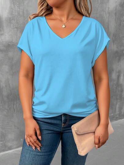 EMERY ROSE Plus Size Women's Summer Solid V-Neck Short Sleeve Casual T-Shirt