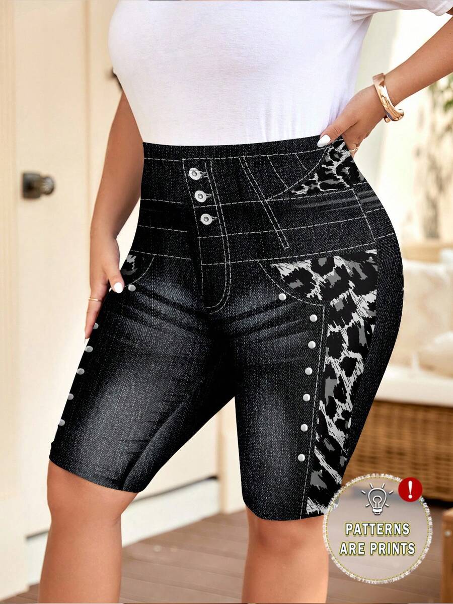 SHEIN Clasi Quần legging bó họa tiết da báo cỡ lớn, thích hợp cho mùa xuân và mùa thu - Nhiều màu - Xem 1