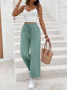 SHEIN Frenchy Quần nữ trơn màu, kiểu dáng tối giản, buộc dây, thích hợp mặc thường ngày. - Xanh lá cây Mù sương - Xem 10