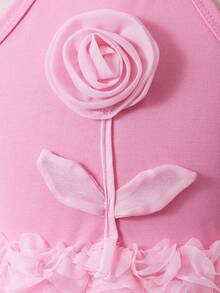 女童甜美公主风粉色吊带连衣裙，春夏无袖连衣裙，饰有3D玫瑰花，适合生日派对、聚会等场合 - 粉色 - 查看 5