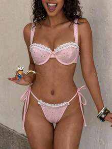 Swim Mod 夏季新款欧美风纯色浅粉色镂空花卉提花面料，优雅甜美少女挂脖式比基尼泳衣，内置钢圈文胸，适合小胸女性，白色蕾丝边饰，显瘦时尚比基尼泳装，适合海滩、度假村、蜜月旅行等场合。 - 粉色 - 查看 7