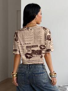 Coolane Áo thun tay ngắn dáng lửng in họa tiết báo chí, thích hợp mặc mùa hè. - Nhiều màu - Xem 6