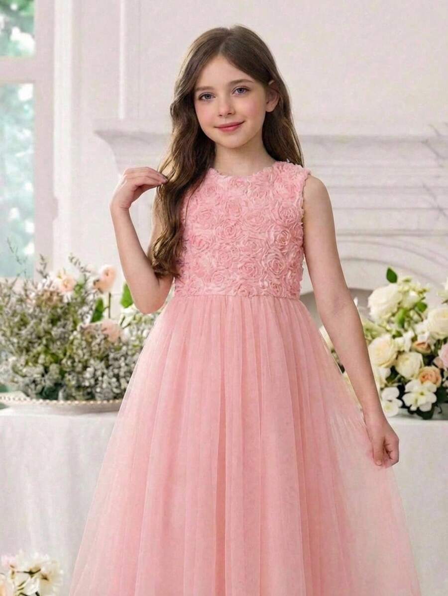 Tween Girl Casual Elegant Mesh Embroidered Jacquard Camisole And Ruched Mesh Dress Set, Pink - Pink - View 1