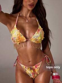 SHEIN BAE 1 chiếc áo bơi lưới đính hạt pha lê màu vàng dành cho nữ - Màu vàng - Xem 5