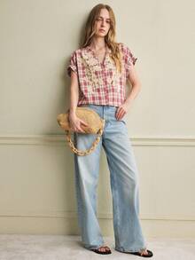 Écloséra Fashionable & Elegant French Retro Loose Plaid Embroidered Ruffle V-Neck Women Short Sleeve Red Blouse - Red - View 3