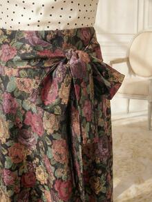 Suri Mira 女士休闲时尚复古数码印花腰带蝴蝶结装饰A字裙，适合春夏穿着 - 彩色 - 查看 5