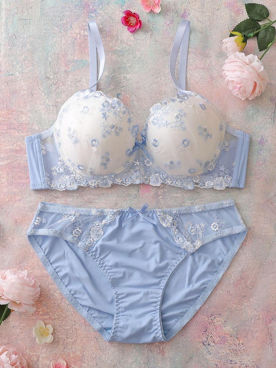 FloralLove Bộ 2 áo ngực có gọng nâng ngực kiểu balconette thêu hoa, thoải mái, dễ thương, tươi tắn, lãng mạn, họa tiết bướm, kiểu babydoll. - Màu xanh lam - Xem 1