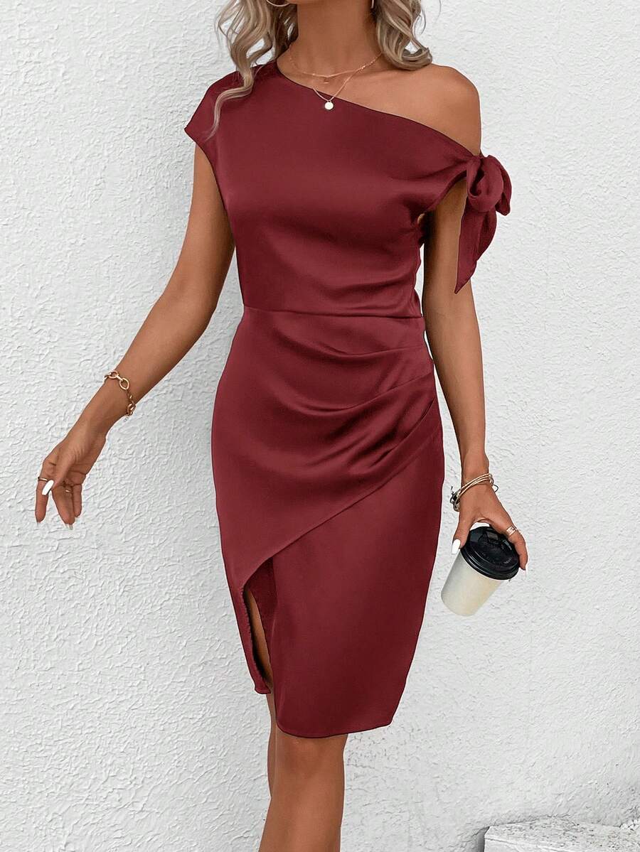 SHEIN Clasi 优雅休闲通勤查米尤斯绸缎连衣裙 - 酒紅色 - 查看 1