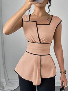 SHEIN Clasi Áo sơ mi nữ thanh lịch với viền tương phản ở eo, thích hợp cho mùa hè. - Bụi hồng - Xem 7